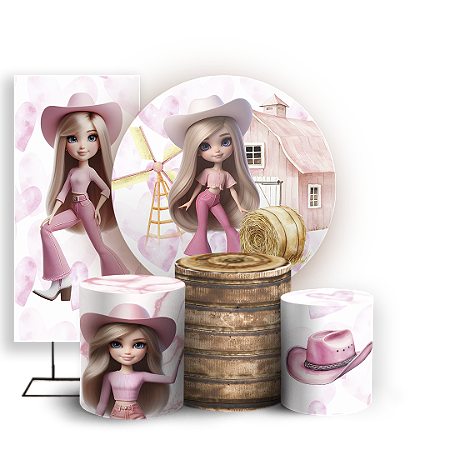 Capas Painel Redondo Trio Cilindro e Faixa Lateral Sublimado - Barbie Boiadeira