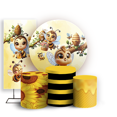 Capas Painel Redondo Trio Cilindro e Faixa Lateral Sublimado - Abelhinha