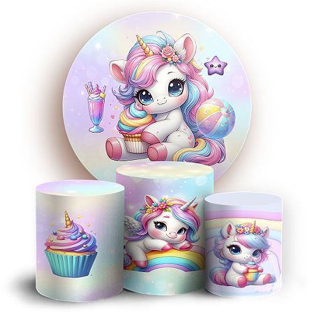 Capas Painel Redondo e Trio Cilindro Sublimado - Unicornio
