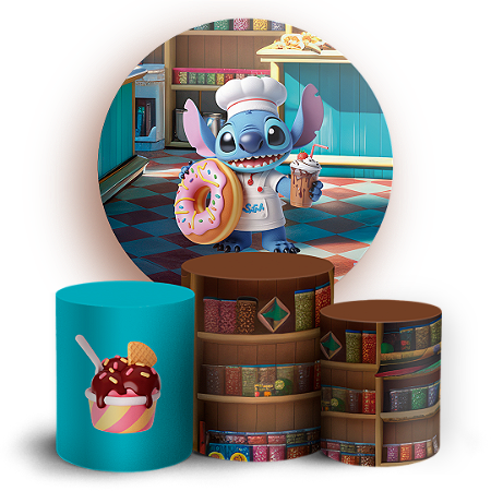 Capas Painel Redondo e Trio Cilindro Sublimado - Stitch Confeiteiro