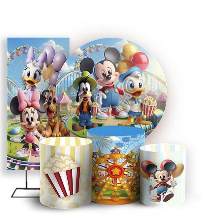 Capas Painel Redondo Trio Cilindro e Faixa Lateral Sublimado - Turma Do Mickey E Minnie