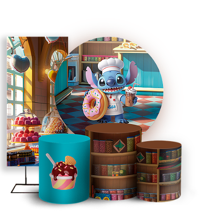 Capas Painel Redondo Trio Cilindro e Faixa Lateral Sublimado - Stitch Confeiteiro