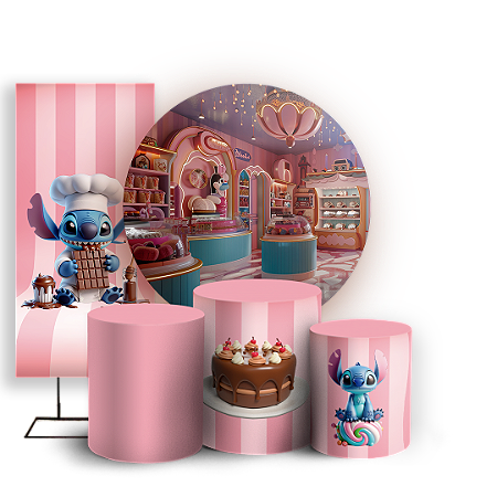 Capas Painel Redondo Trio Cilindro e Faixa Lateral Sublimado - Stitch Confeiteiro