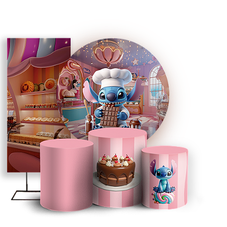 Capas Painel Redondo Trio Cilindro e Faixa Lateral Sublimado - Stitch Confeiteiro