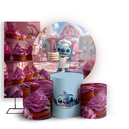 Capas Painel Redondo Trio Cilindro e Faixa Lateral Sublimado - Stitch Confeiteiro