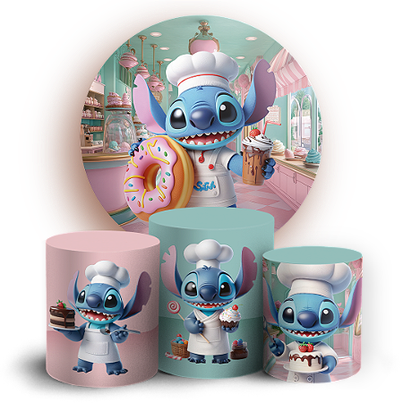 Capas Painel Redondo e Trio Cilindro Sublimado - Stitch Confeitaria