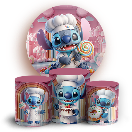 Capas Painel Redondo e Trio Cilindro Sublimado - Stitch Confeitaria