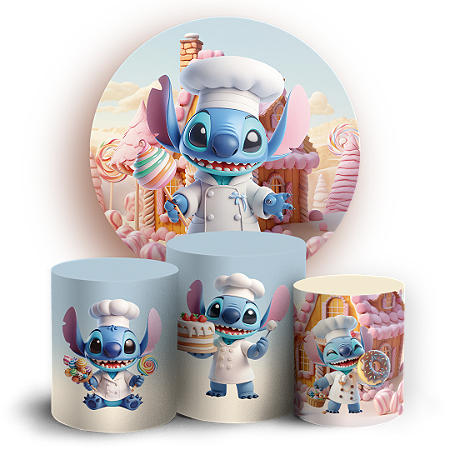 Capas Painel Redondo e Trio Cilindro Sublimado - Stitch Confeitaria
