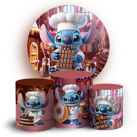 Capas Painel Redondo e Trio Cilindro Sublimado - Stitch Confeitaria