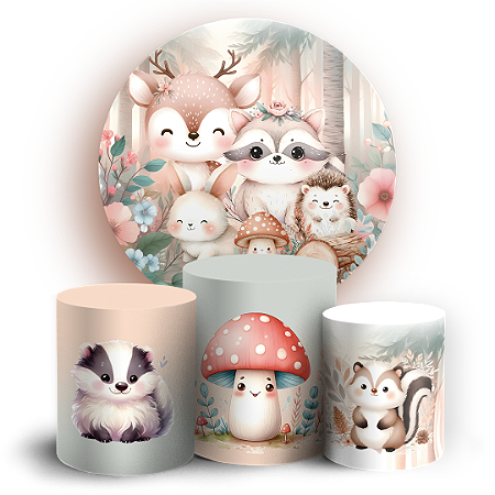 Capas Painel Redondo e Trio Cilindro Sublimado - Animais Bosque Encantado