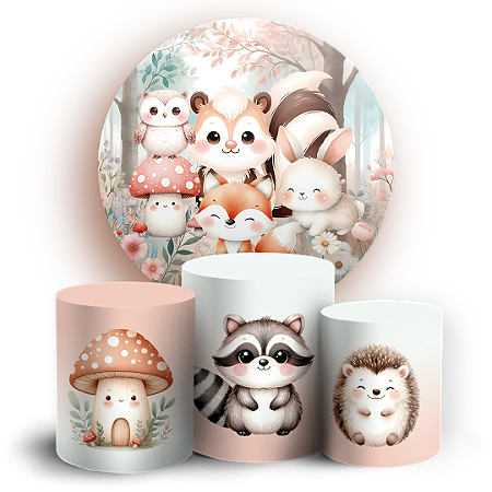 Capas Painel Redondo e Trio Cilindro Sublimado - Animais Bosque Encantado