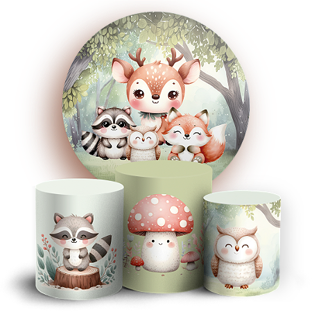 Capas Painel Redondo e Trio Cilindro Sublimado - Animais Bosque Encantado