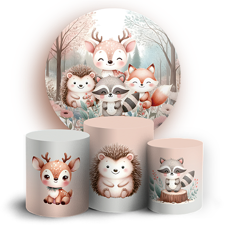 Capas Painel Redondo e Trio Cilindro Sublimado - Animais Bosque Encantado