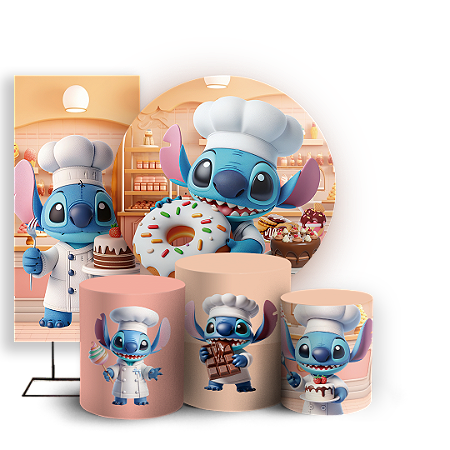 Capas Painel Redondo Trio Cilindro e Faixa Lateral Sublimado - Stitch Confeitaria