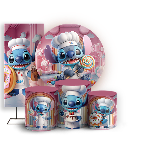 Capas Painel Redondo Trio Cilindro e Faixa Lateral Sublimado - Stitch Confeitaria