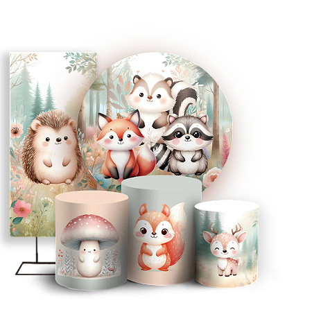 Capas Painel Redondo Trio Cilindro e Faixa Lateral Sublimado - Animais Bosque Encantado