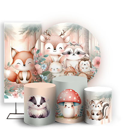 Capas Painel Redondo Trio Cilindro e Faixa Lateral Sublimado - Animais Bosque Encantado