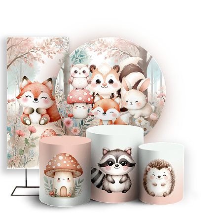 Capas Painel Redondo Trio Cilindro e Faixa Lateral Sublimado - Animais Bosque Encantado