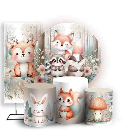 Capas Painel Redondo Trio Cilindro e Faixa Lateral Sublimado - Animais Bosque Encantado