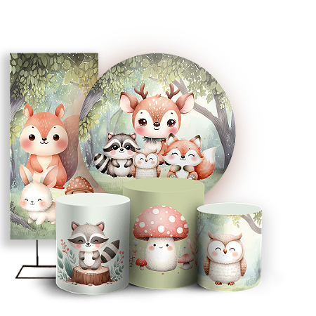 Capas Painel Redondo Trio Cilindro e Faixa Lateral Sublimado - Animais Bosque Encantado