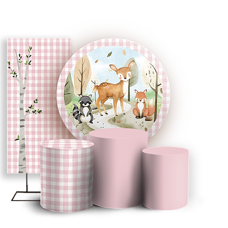 Capas Painel Redondo Trio Cilindro e Faixa Lateral Sublimado - Animais Bosque Rosa