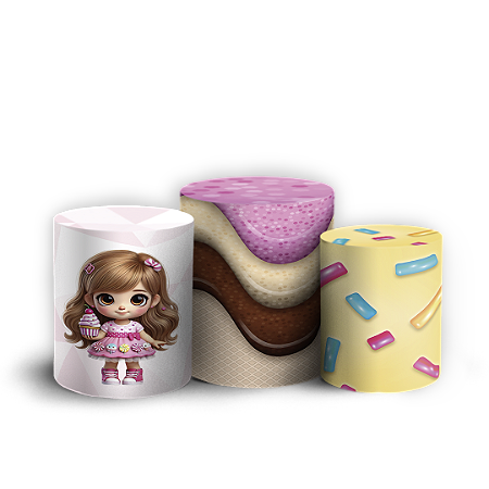 Capas Trio Cilindro Sublimado Vest Facil - Menina Confeitaria Doces