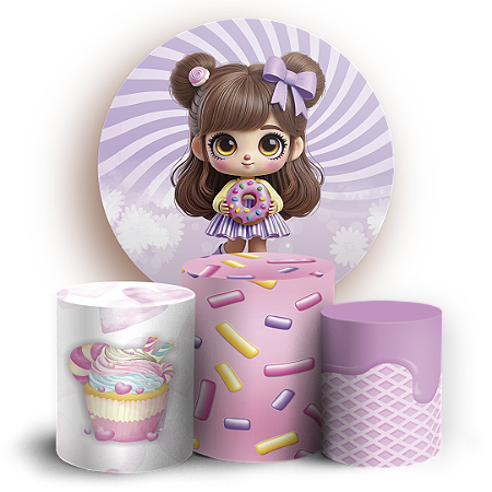 Capas Painel Redondo e Trio Cilindro Sublimado - Menina Confeitaria Doces