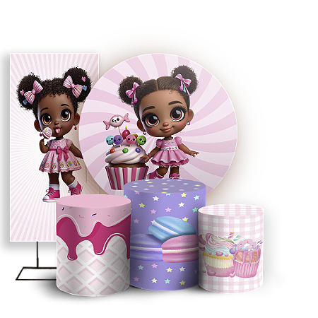 Capas Painel Redondo Trio Cilindro e Faixa Lateral Sublimado - Menina Confeitaria Doces