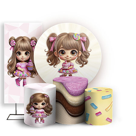 Capas Painel Redondo Trio Cilindro e Faixa Lateral Sublimado - Menina Confeitaria Doces