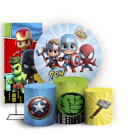Capas Painel Redondo Trio Cilindro e Faixa Lateral Sublimado - Herois Vingadores