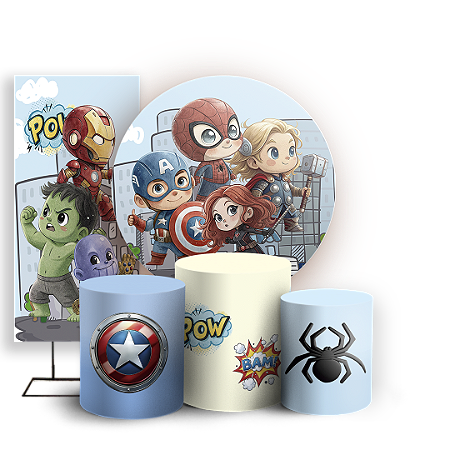 Capas Painel Redondo Trio Cilindro e Faixa Lateral Sublimado - Herois Vingadores