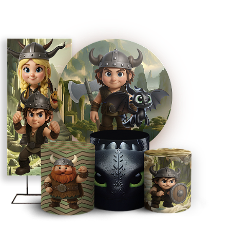 Capas Painel Redondo Trio Cilindro e Faixa Lateral Sublimado - Como Treinar Seu Dragão