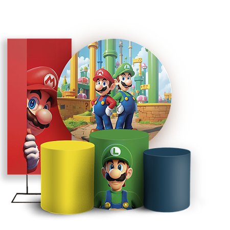 Capas Painel Redondo Trio Cilindro e Faixa Lateral Sublimado - Super Mario e Luigi