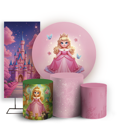 Capas Painel Redondo Trio Cilindro e Faixa Lateral Sublimado - Princesa Aurora Bela Adormecida