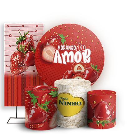 Capas Painel Redondo Trio Cilindro e Faixa Lateral Sublimado - Morango Do Amor