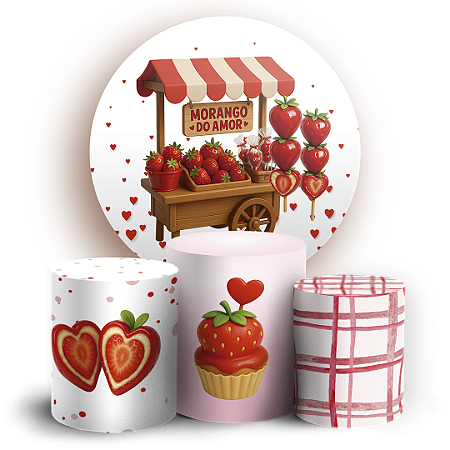 Capas Painel Redondo e Trio Cilindro Sublimado - Morango Do Amor