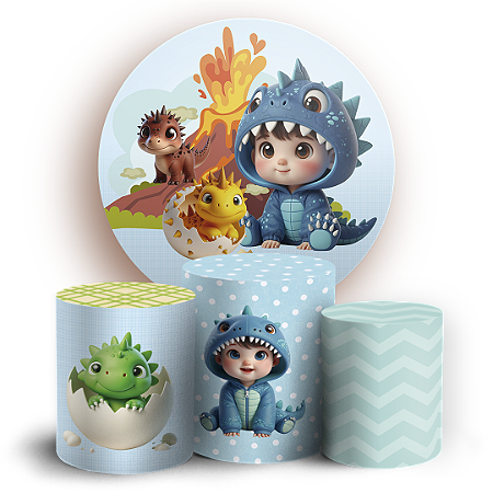 Capas Painel Redondo e Trio Cilindro Sublimado - Dinossauro Menino