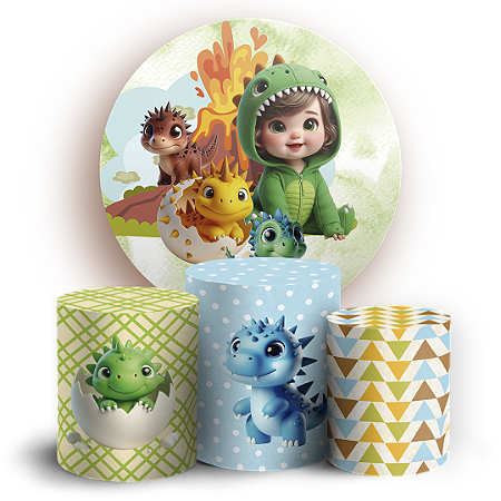 Capas Painel Redondo e Trio Cilindro Sublimado - Dinossauro Menino