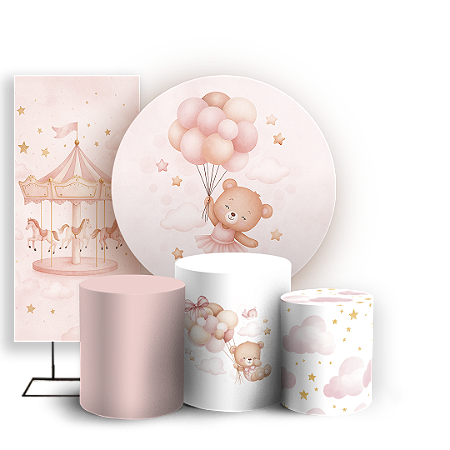 Capas Painel Redondo Trio Cilindro e Faixa Lateral Sublimado - Ursinho Bailarina