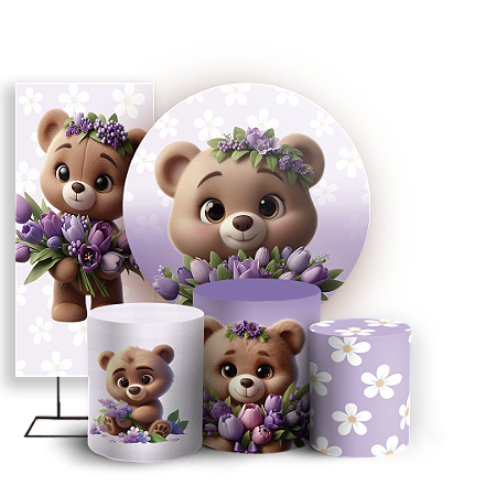 Capas Painel Redondo Trio Cilindro e Faixa Lateral Sublimado - Urso Lilas