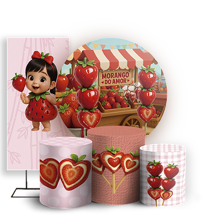 Capas Painel Redondo Trio Cilindro e Faixa Lateral Sublimado - Morango Do Amor