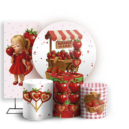 Capas Painel Redondo Trio Cilindro e Faixa Lateral Sublimado - Morango Do Amor