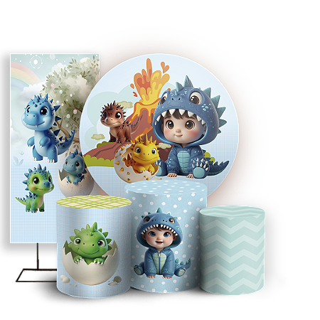 Capas Painel Redondo Trio Cilindro e Faixa Lateral Sublimado - Dinossauro Menino