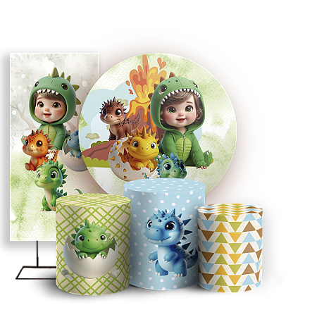 Capas Painel Redondo Trio Cilindro e Faixa Lateral Sublimado - Dinossauro Menino