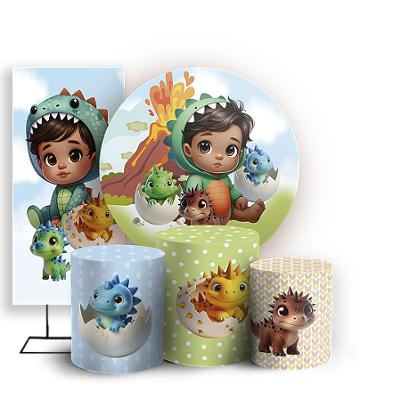 Capas Painel Redondo Trio Cilindro e Faixa Lateral Sublimado - Dinossauro Menino