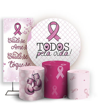 Capas Painel Redondo Trio Cilindro e Faixa Lateral Sublimado - Outubro Rosa