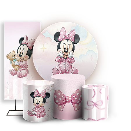 Capas Painel Redondo Trio Cilindro e Faixa Lateral Sublimado - Minnie Baby Rosa