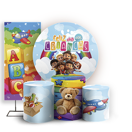 Capas Painel Redondo Trio Cilindro e Faixa Lateral Sublimado - Dia Das Crianças