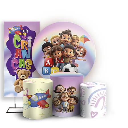 Capas Painel Redondo Trio Cilindro e Faixa Lateral Sublimado - Dia Das Crianças