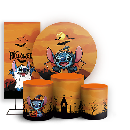 Capas Painel Redondo Trio Cilindro e Faixa Lateral Sublimado - Stitch Dia das Bruxas Halloween